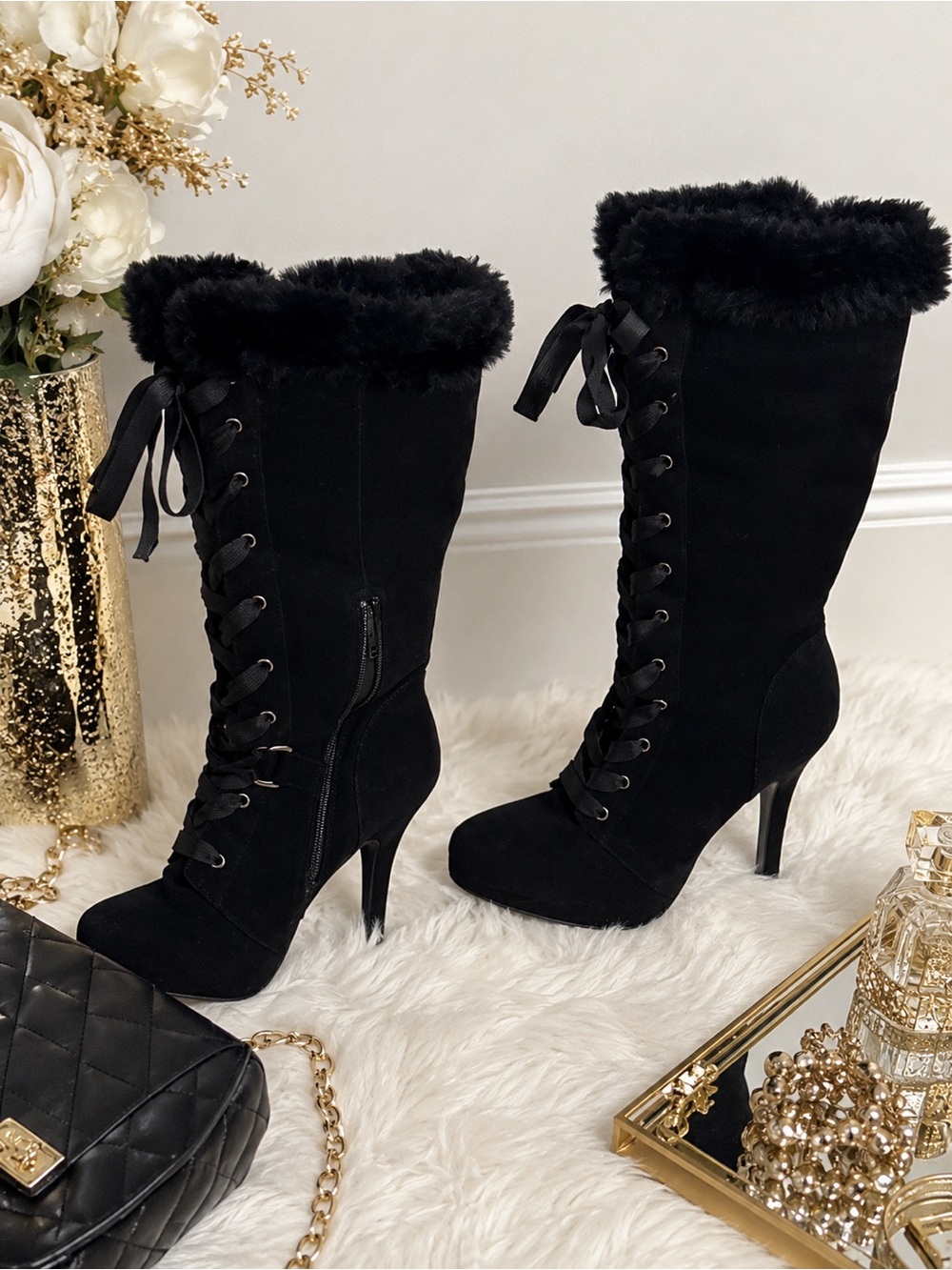 Faux Fur Lace-Up High Heel Boots for Women - Black